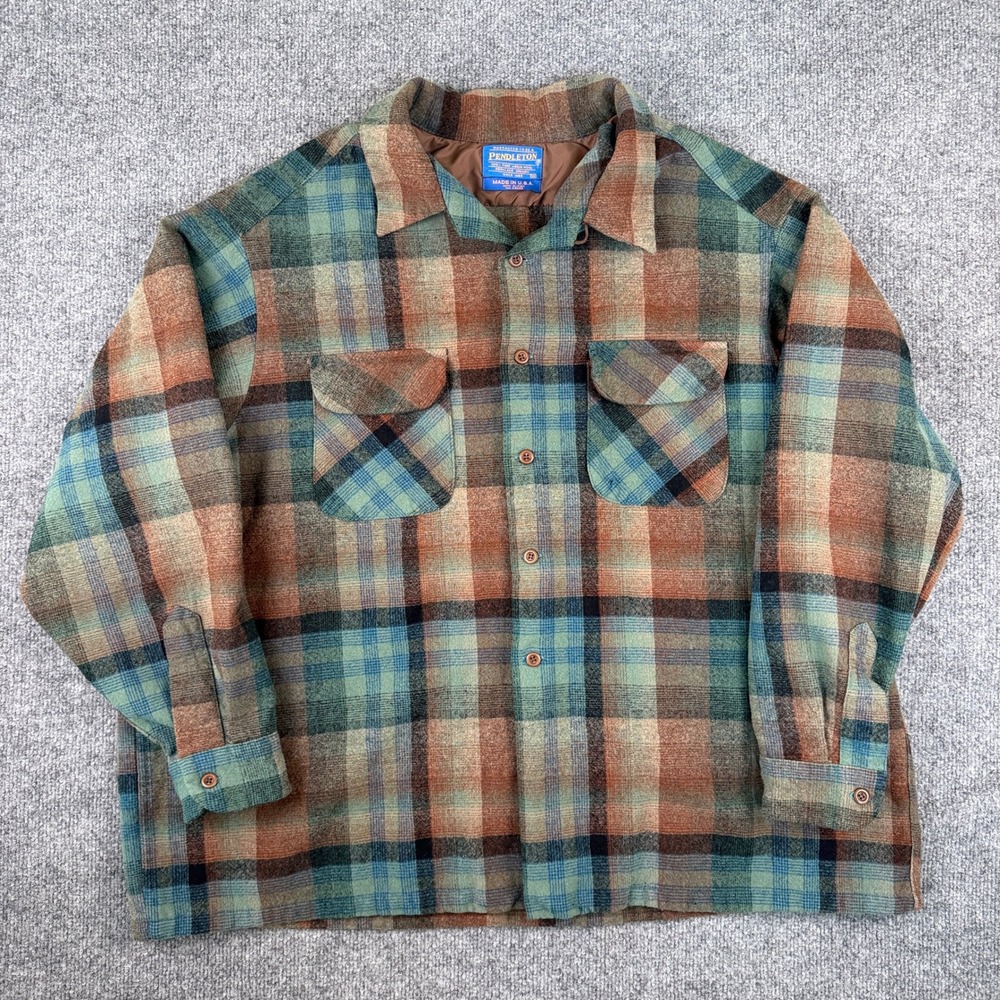 Vintage Pendleton Board Shirt Womens 3X Brown Green Loop Collar Wool Made in USA